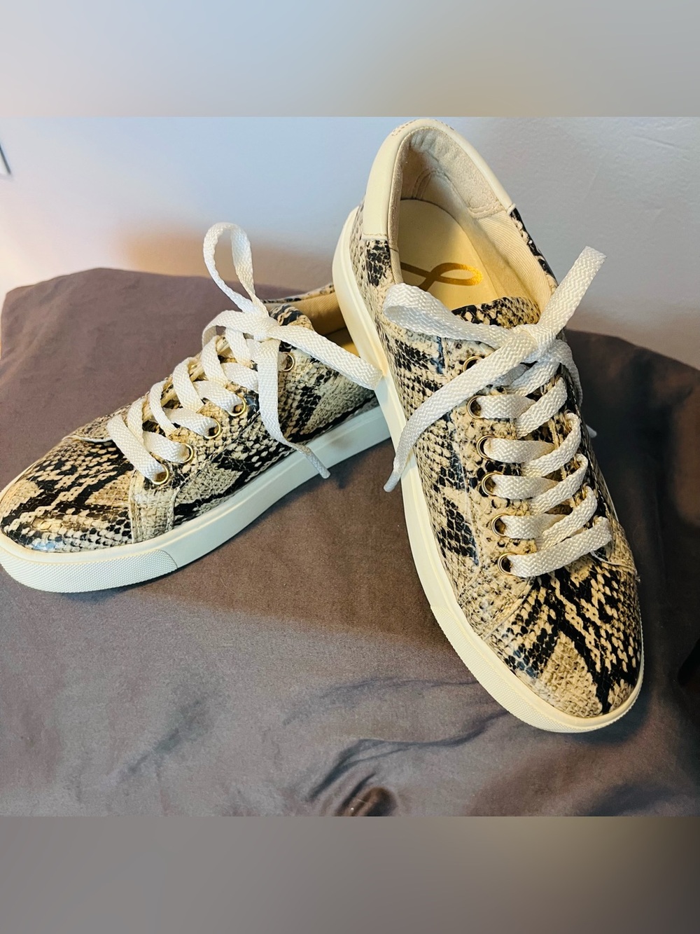 Sam Edelman Snake-Print Lace-Up Sneakers in Cream and Black, Sz. 5
